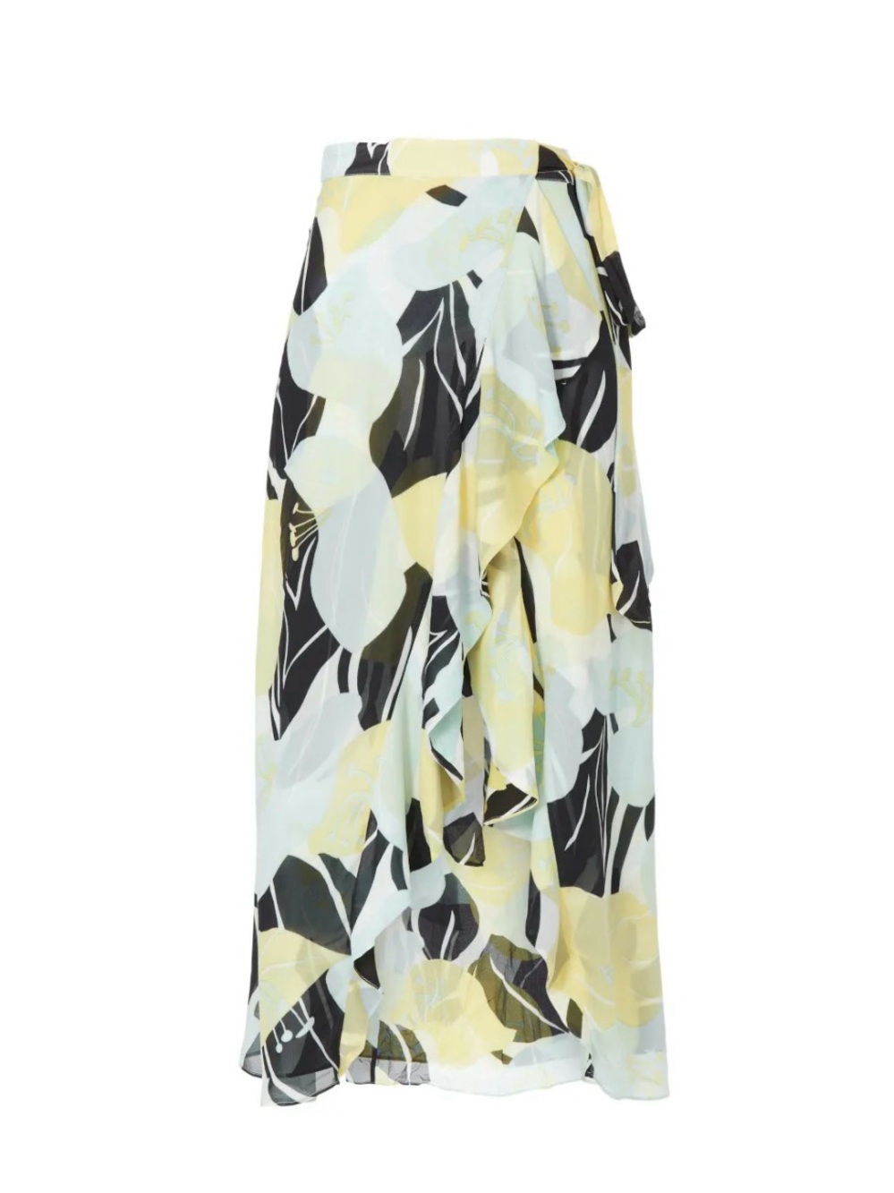 The Kooples Yellow, Black and Cream Floral Maxi Wrap Skirt